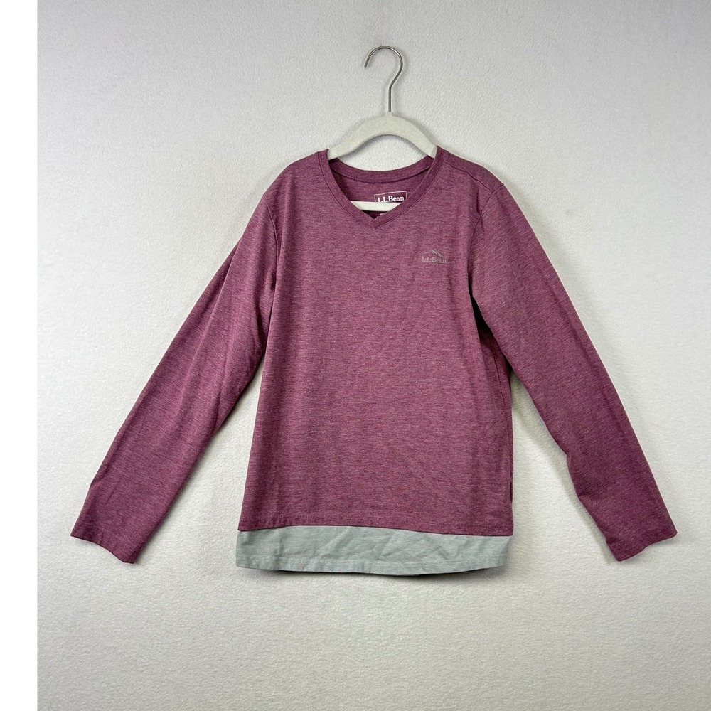 L.L.Bean Girls Long Sleeve V Neck T Shirt Berry Heather Grey Bottom Size M 10 12